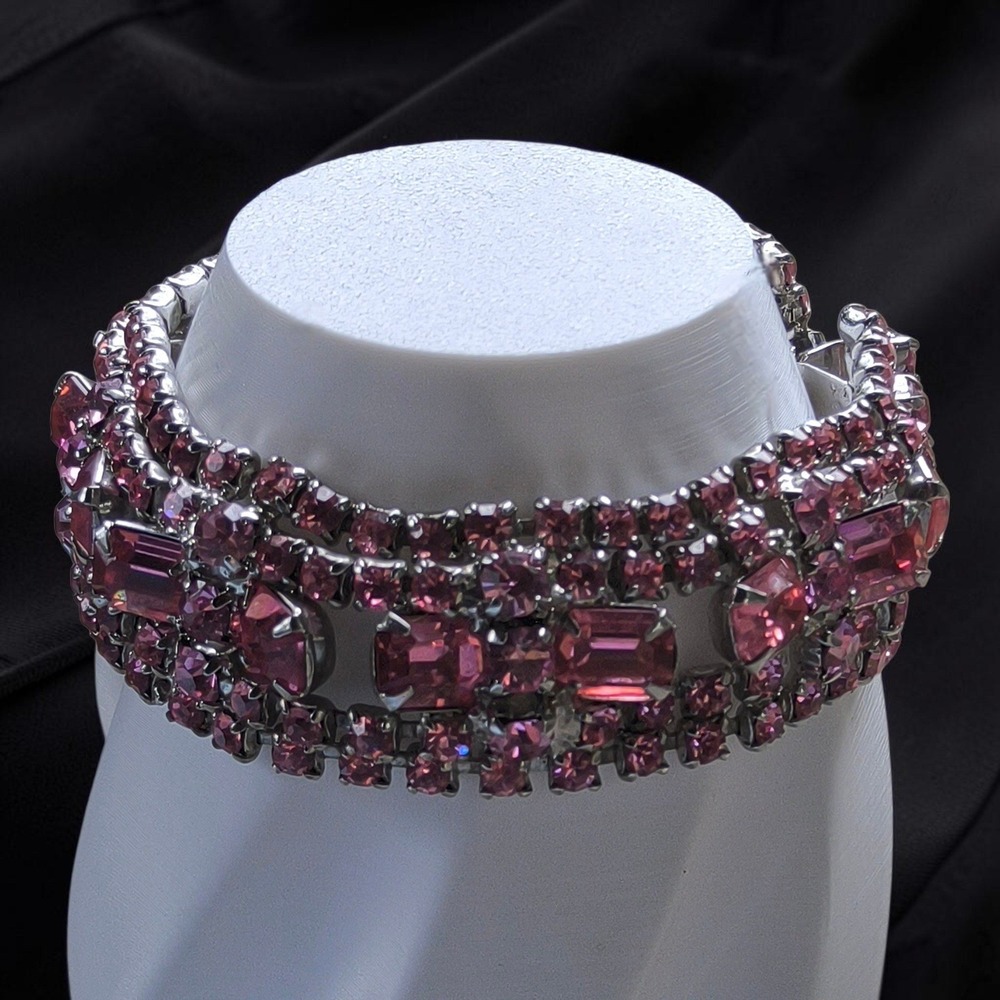 Vintage Pink Glass Rhinestone Wide Bracelet Articulated Emerald Cut Silver Tone